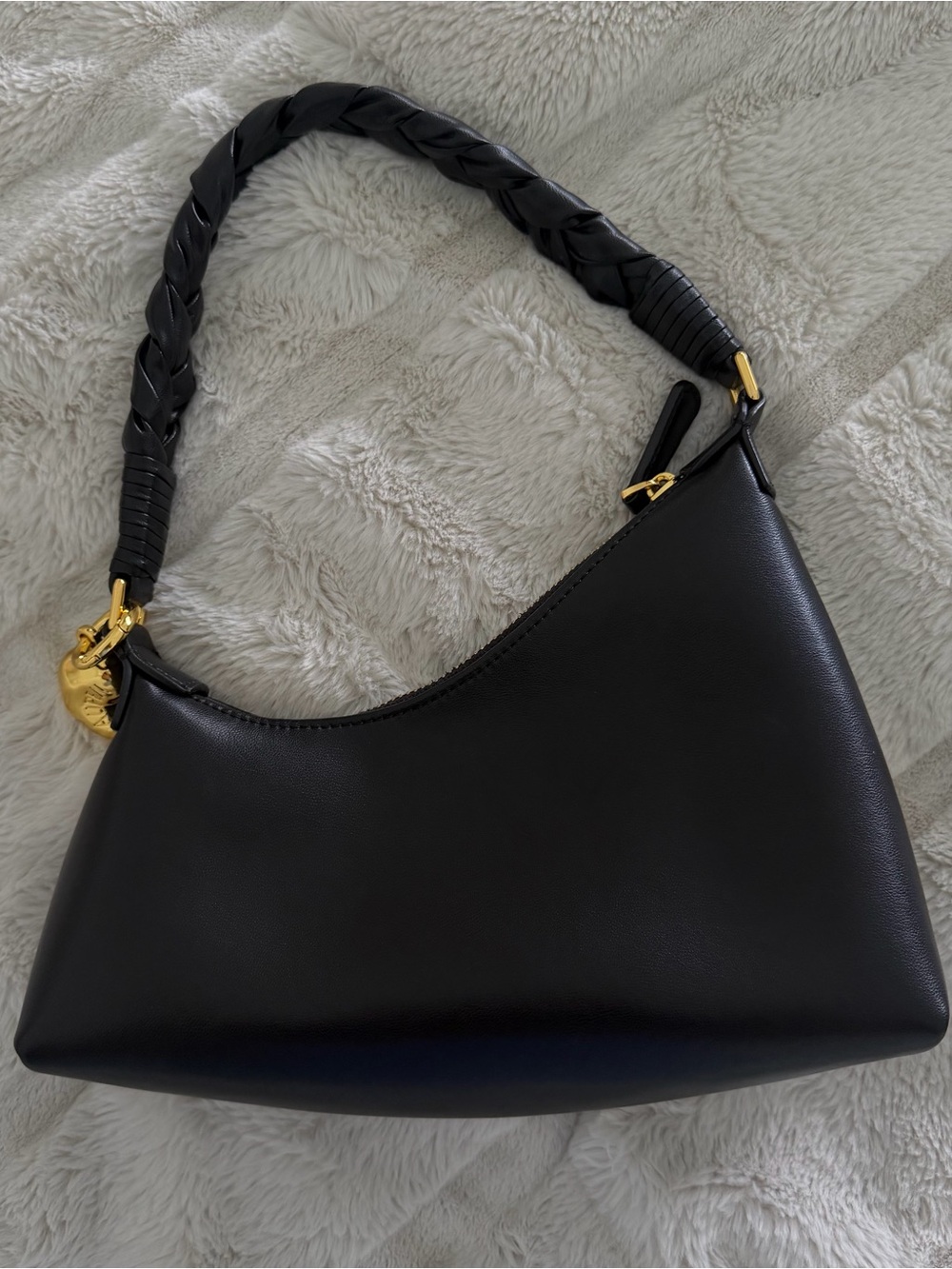 Aupen Nirvana Noir Black Leather Shoulder Bag with Braided Strap